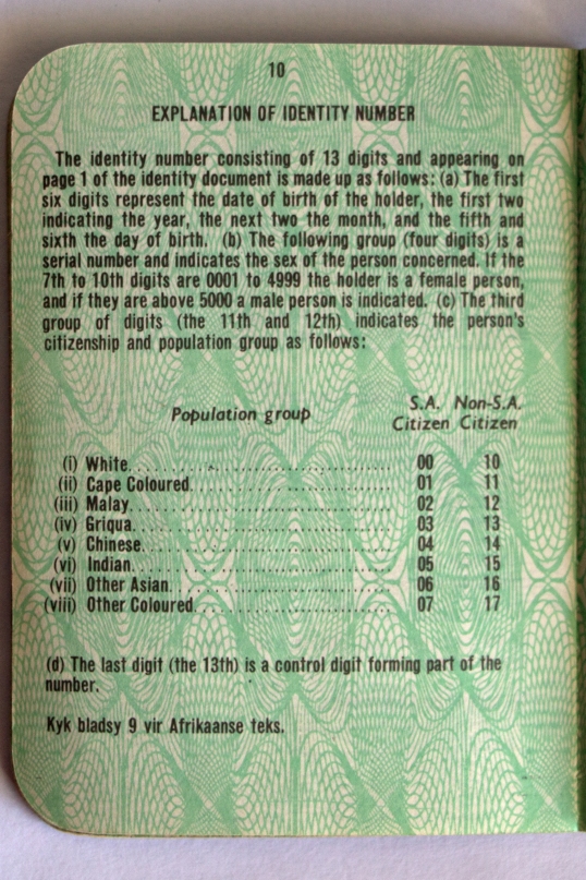 Page from apartheid-eria ID book